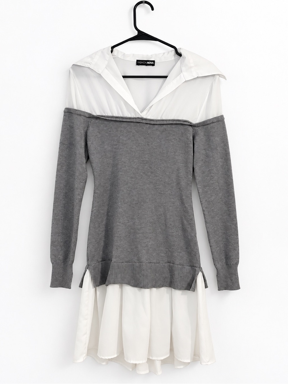 Fashion Nova Gray & White Off-Shoulder Layered Pullover Dress